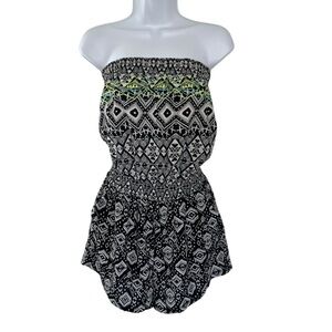 XHILARATION Strapless Mini Romper Black Aztec Print Green Embroidery Size Small